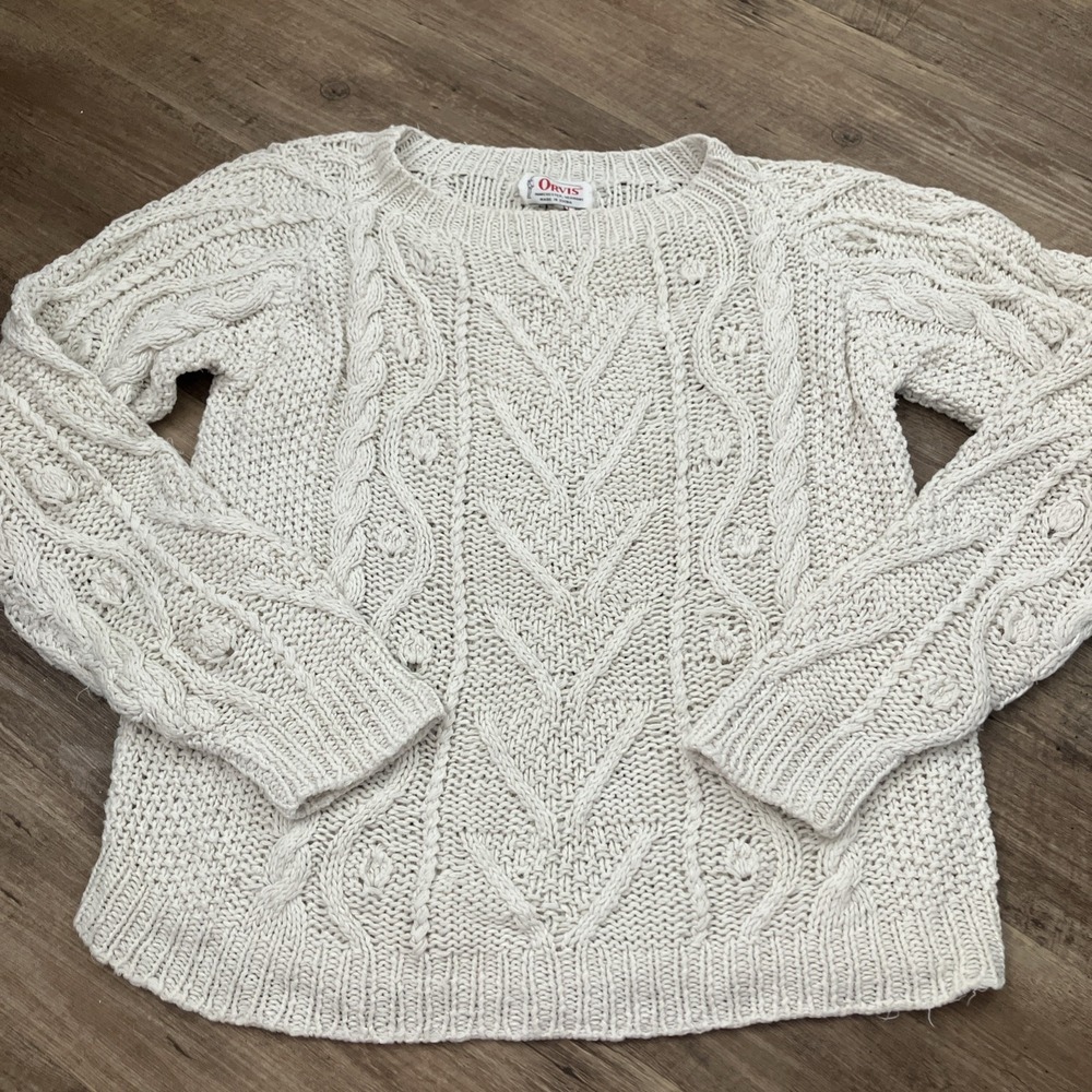 Vintage Orvis Vermont Silk Blend Cable Knit Cream‎ Sweater Womens Medium
